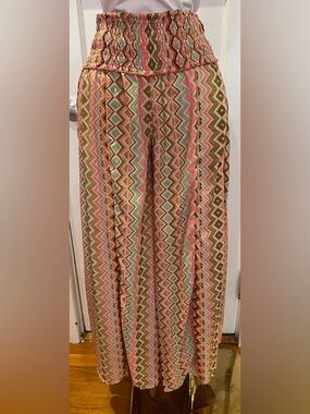 Silk Blend Wide-Leg Pants Pink Earth Tone Geometric  Print Bohemian Resort Wear